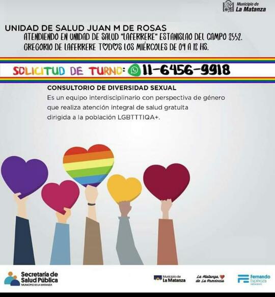 Volante con información de contacto de la unidad de salud Juan M de Rosas. Ocupando la mitad inferior del mismo se ven diversas manos sosteniendo corazones de varios colores, el del medio con una bandera LGBTTTIQA+